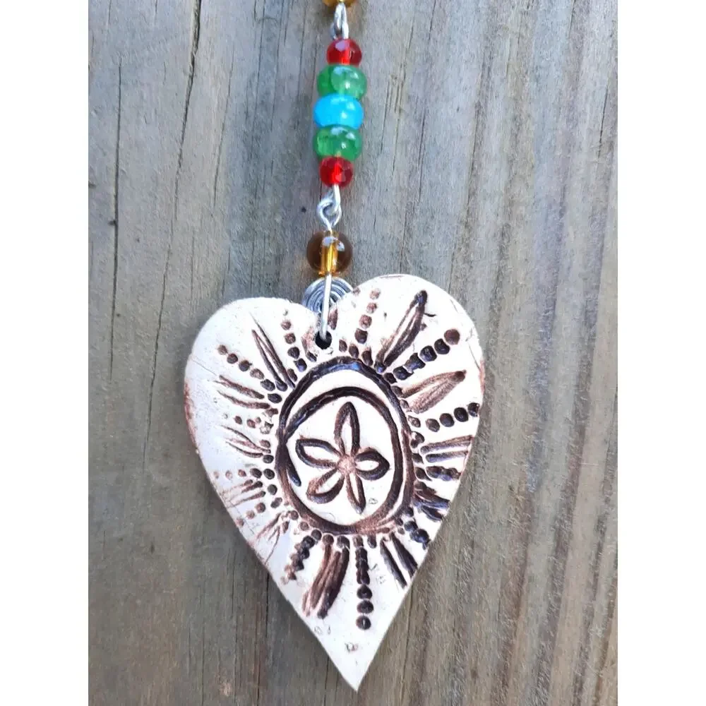 Artisan Beaded Suncatcher Ceramic Heart GRATEFUL Colorful Crystals Floral Mobile